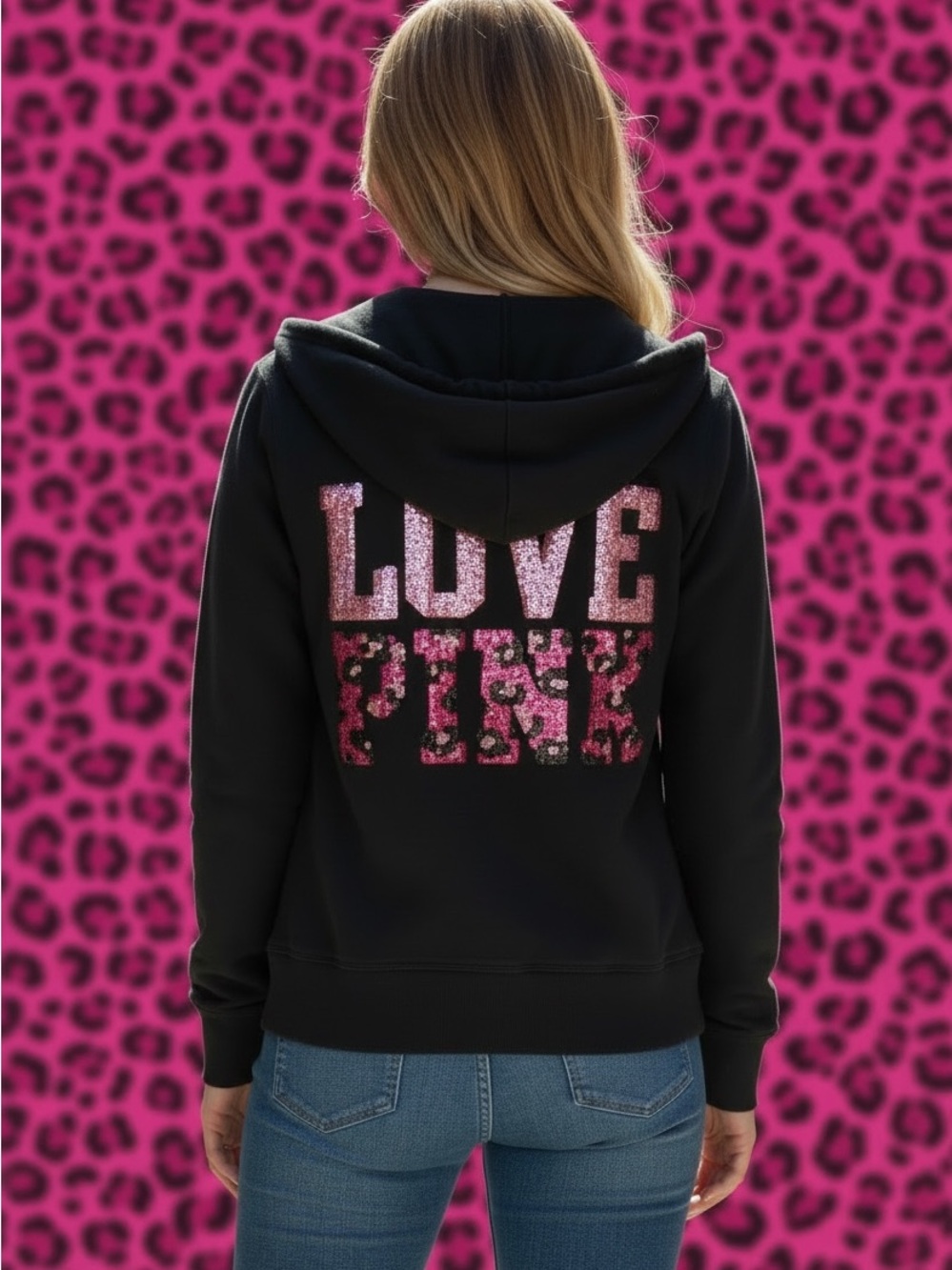 Rare HTF vintage y2k PINK Victoria's Secret Black zip up hoodie bling sequin